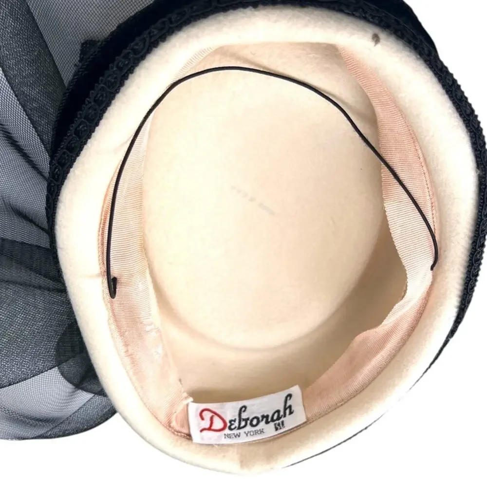 Vintage 40's fascinator hat pill box sheer bow cream black rhinestone Old Money - Picture 9 of 9